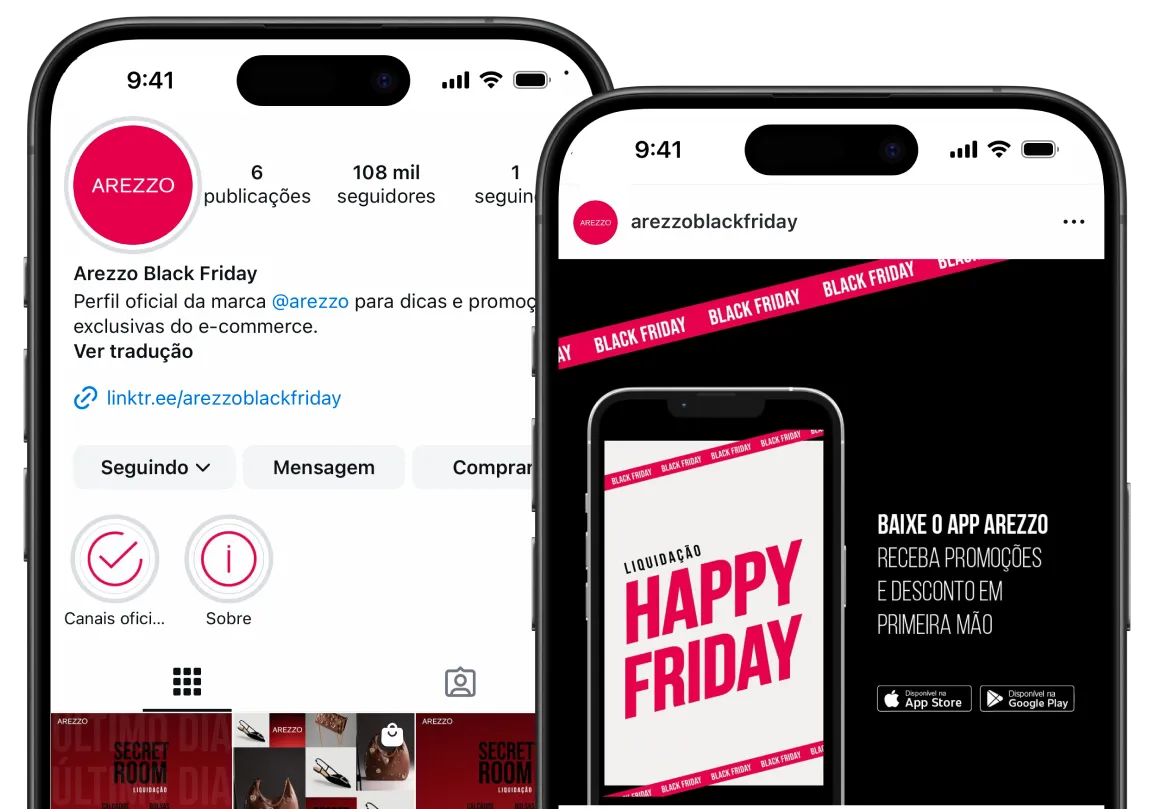 Imagem de dois celulares na conta da Arezzo Black Friday do Instagram