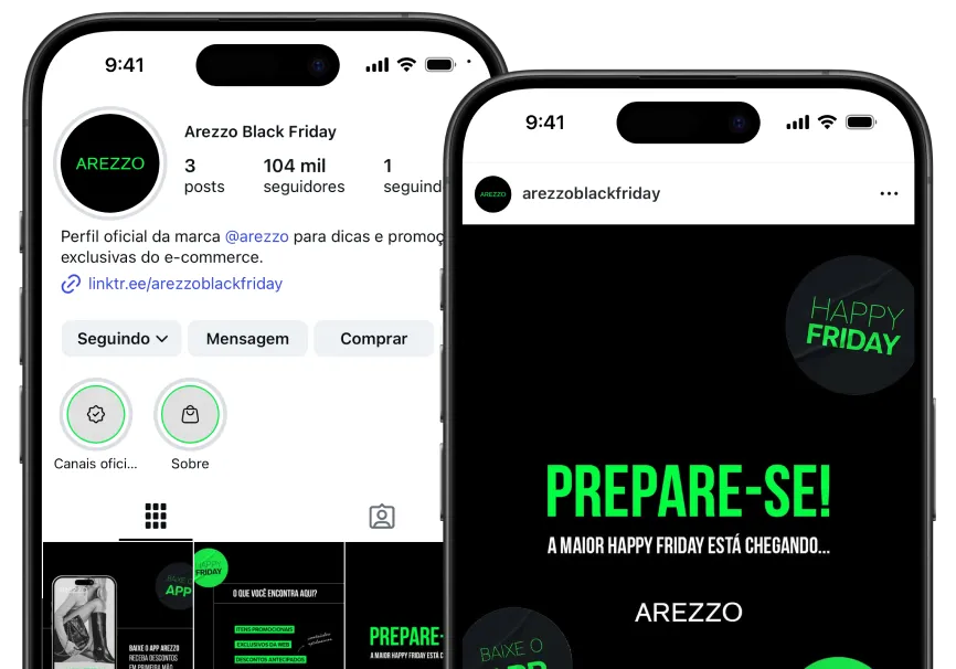 Imagem de dois celulares na conta da Arezzo Black Friday do Instagram
