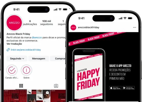 Imagem de dois celulares na conta da Arezzo Black Friday do Instagram