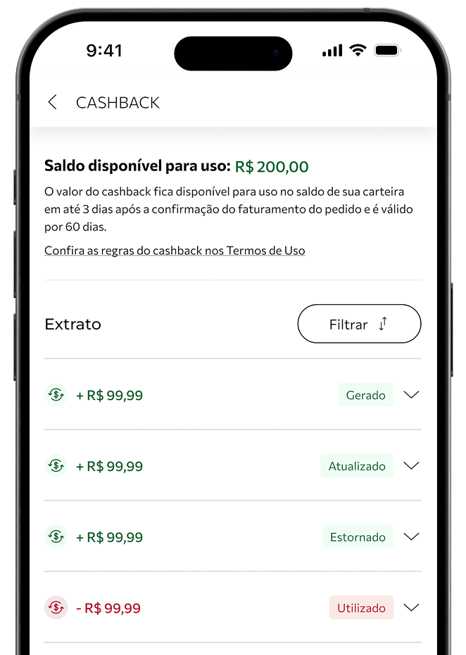 Página de extrato mostrando o valor das transações do cashback