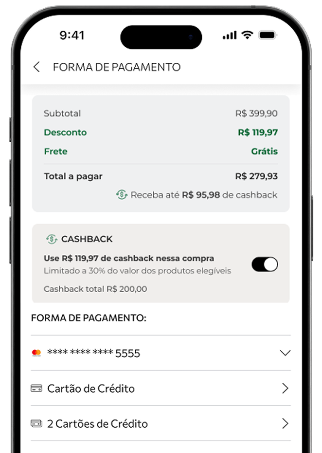Página de produto mostrando o valor de geração do cashback