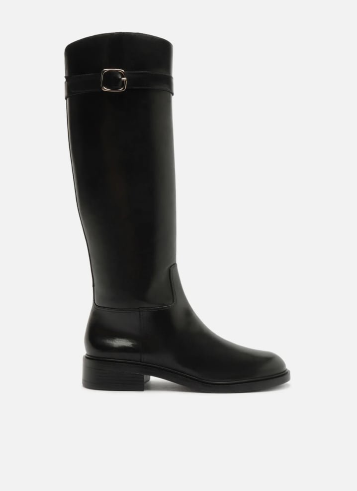 Bota preta couro cano longo salto bloco