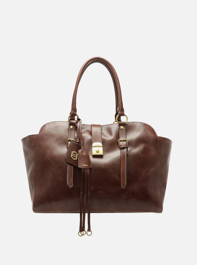 Bolsa Tote Marrom Couro Estonado Grande Metal