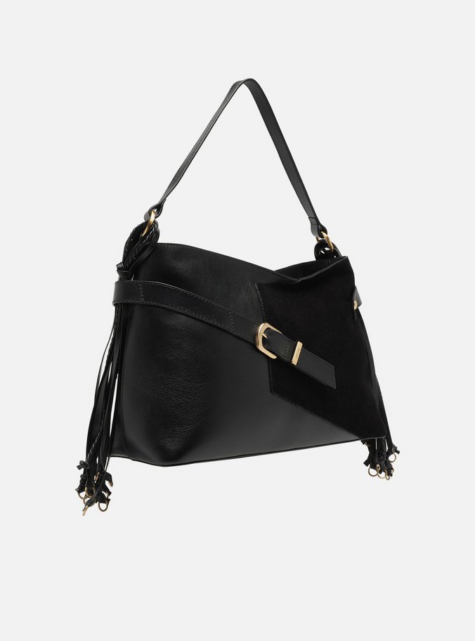 Bolsa Tote Preta Couro Camurça Grande Tiras
