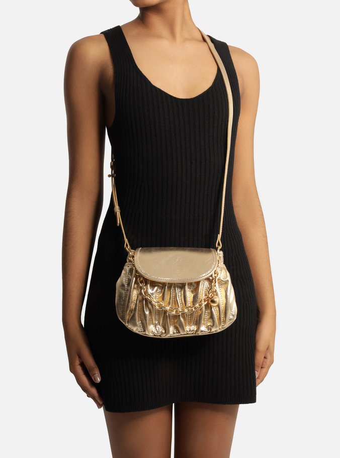 Bolsa Tiracolo Dourada Couro Pequena Franzido Corrente