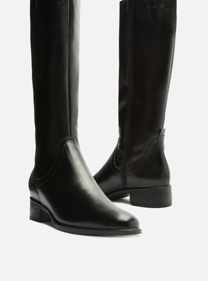 Bota Preta Couro Longo Tiras Montaria