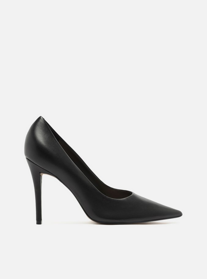 Scarpin Preto Couro Salto Alto Fino Bico Fino