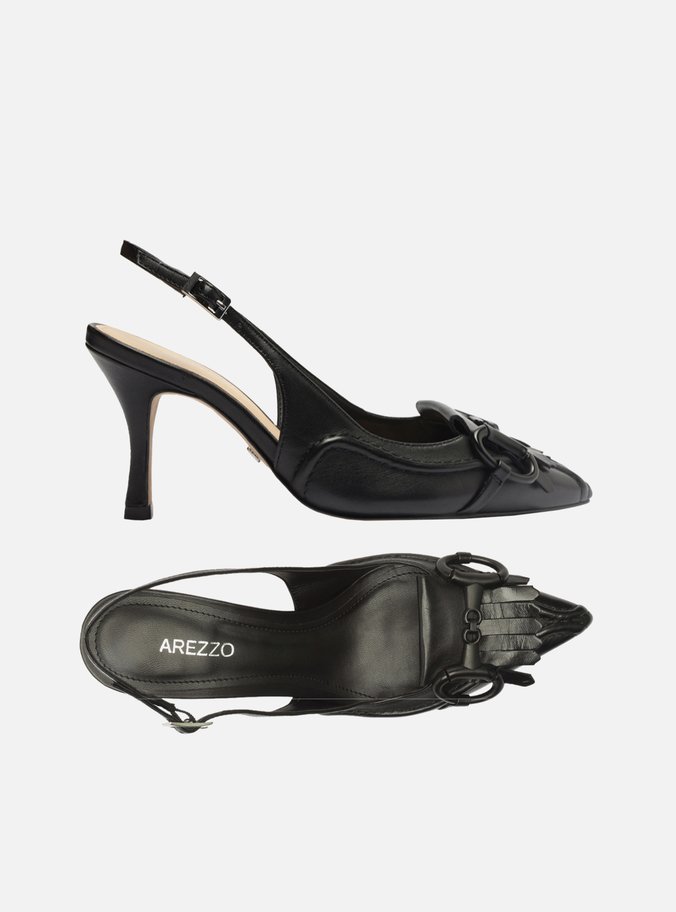 Scarpin Preto Couro Bico Fino Slingback Barbicacho
