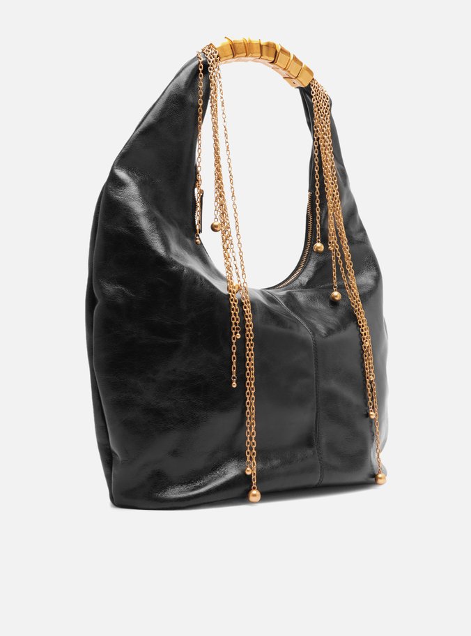 Bolsa Hobo Preta Couro Grande Alça Metais