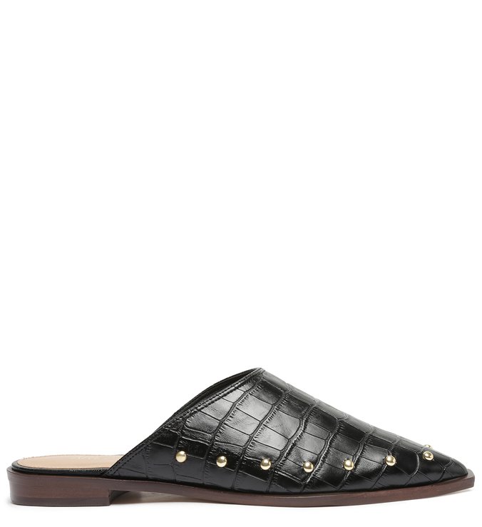 Mule Preta Couro Croco Tachas
