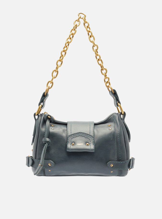 Bolsa Tiracolo Azul Couro Média Rebites