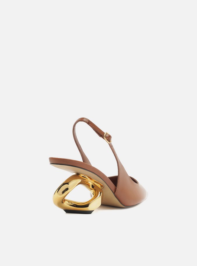 Scarpin Caramelo Couro Salto Geométrico Slingback
