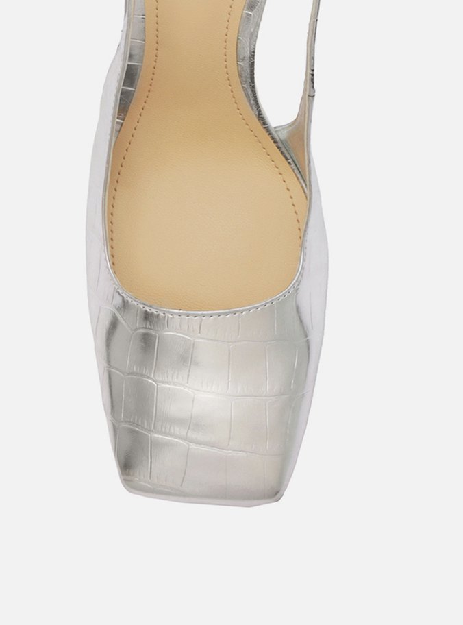 Scarpin Prata Snake Bico Quadrado Slingback