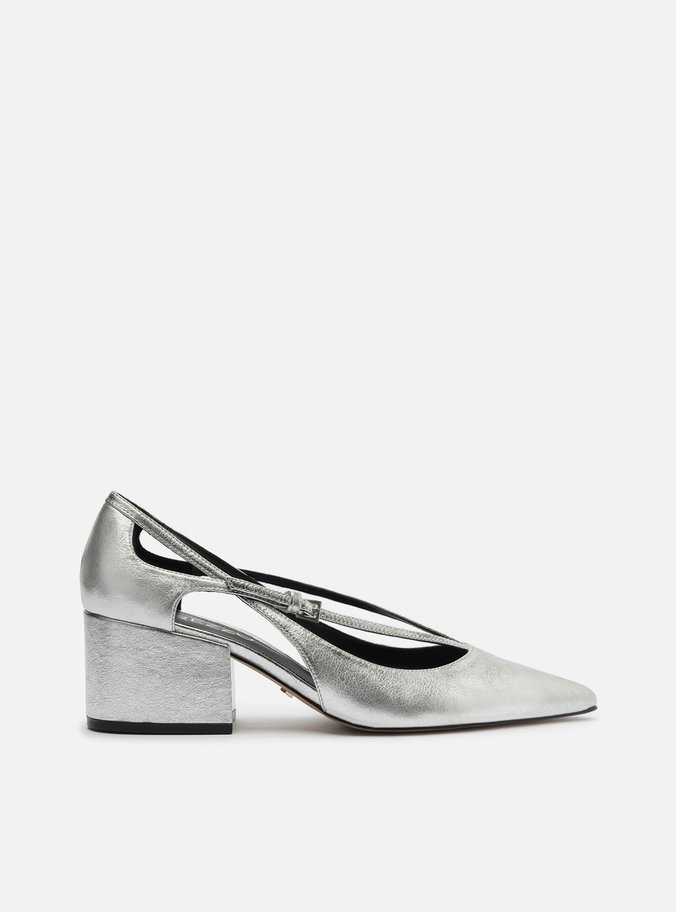 Scarpin Prateado Couro Bloco Semi Aberto Tiras