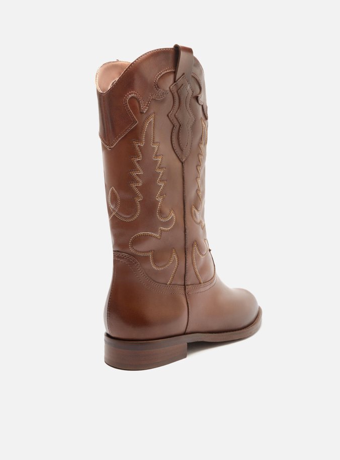 Bota Marrom Pecan Couro Cano Longo Bordado Western