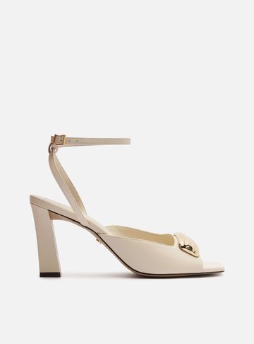 Sandália Off-White Couro Salto Médio Metal