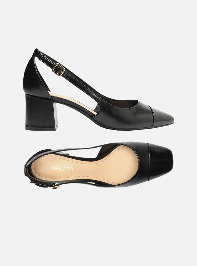 Scarpin Preto Couro Aberto Cap Toe Verniz