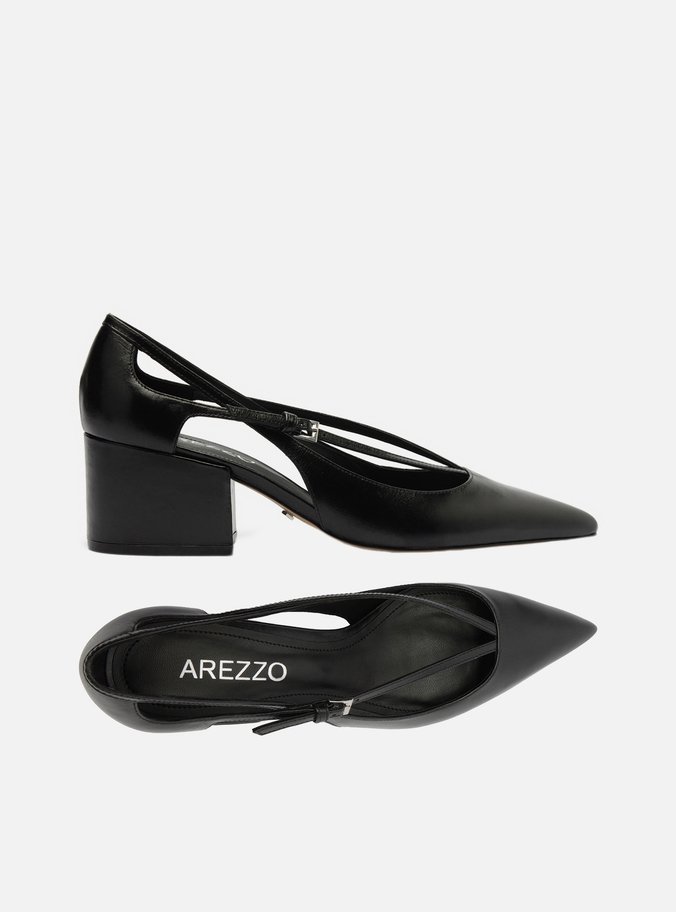 Scarpin Preto Couro Bloco Semi Aberto Tiras