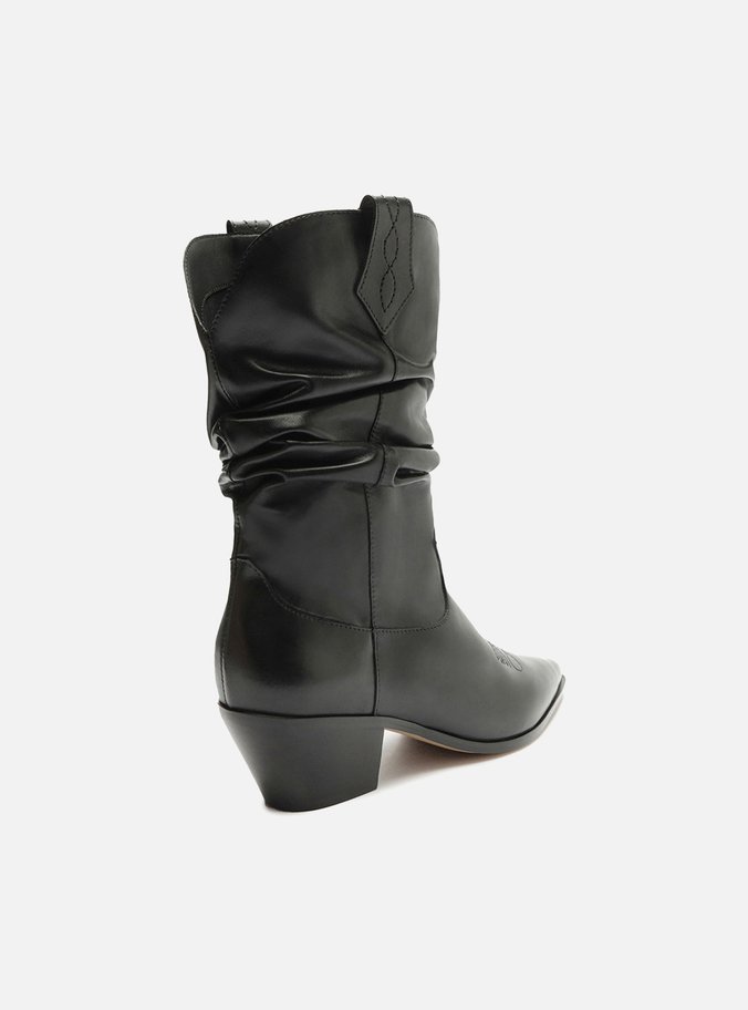 Bota Preta Couro Cano Curto Franzido Western