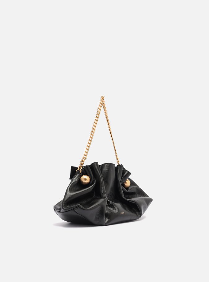 Clutch Preta Couro Pequena Pregas Corrente
