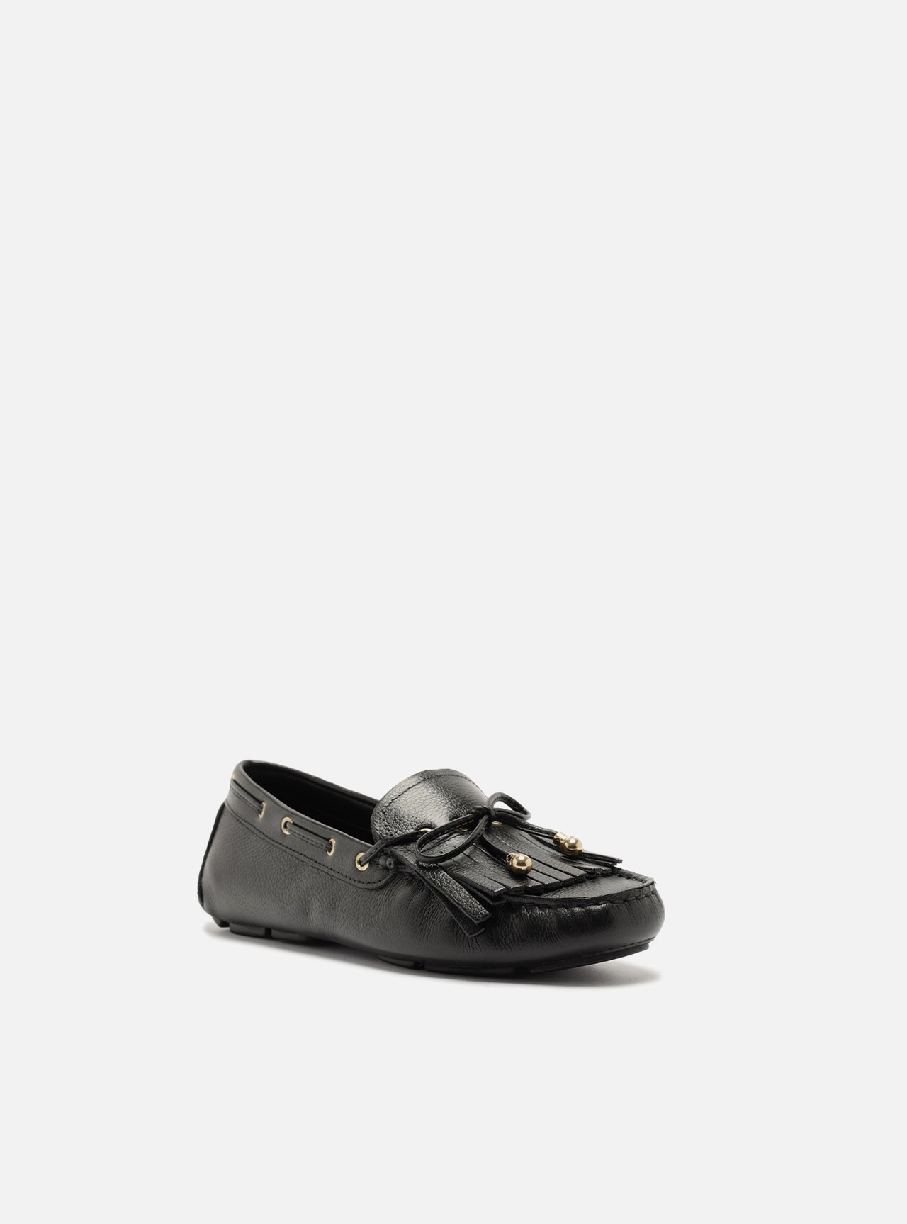 Mocassim Preto Couro Franjas Laço Retrô — foto 2