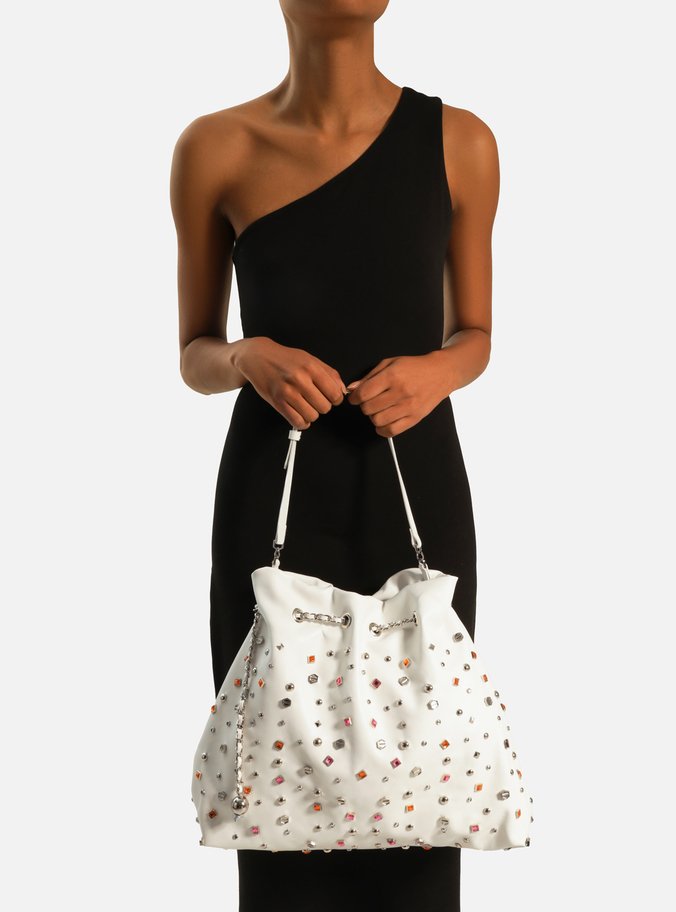 Bolsa Hobo Branca Couro Grande Pedrarias Corrente