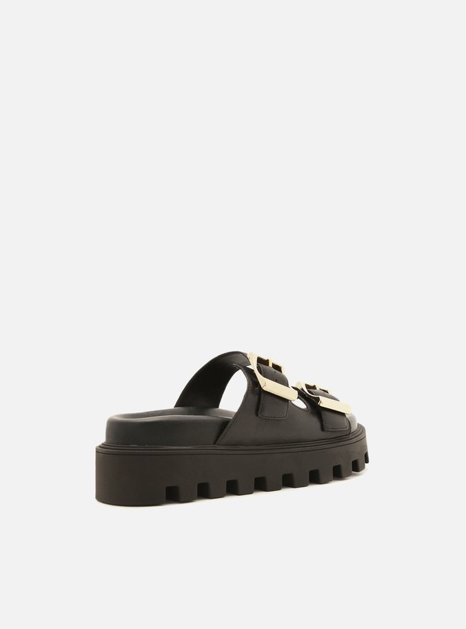 Sandália Preta Couro Flatform Tratorada