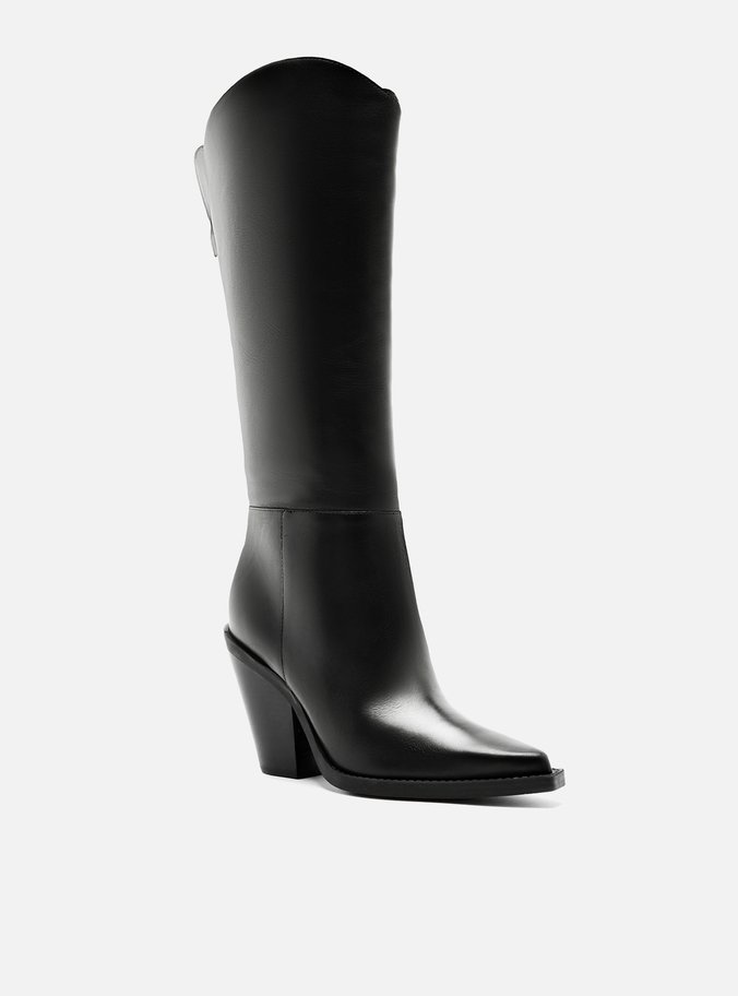 Bota Preta Couro Cano Longo Salto Alto Bloco