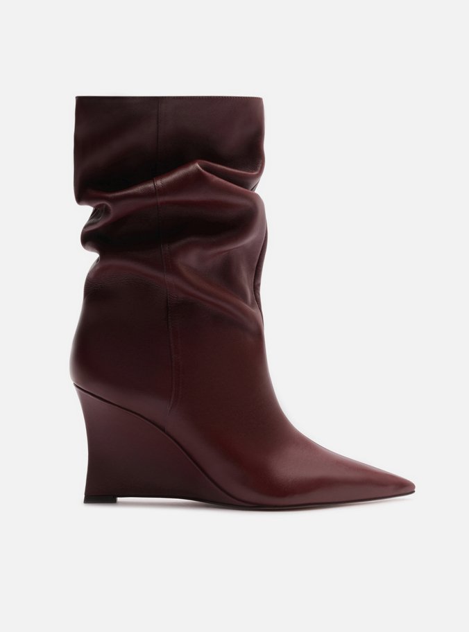Bota Bordô Couro Salto Anabela Alto Slouchy