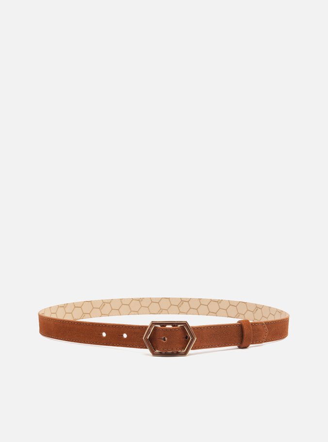 Cinto Marrom Couro Fino Fivela Hexagonal