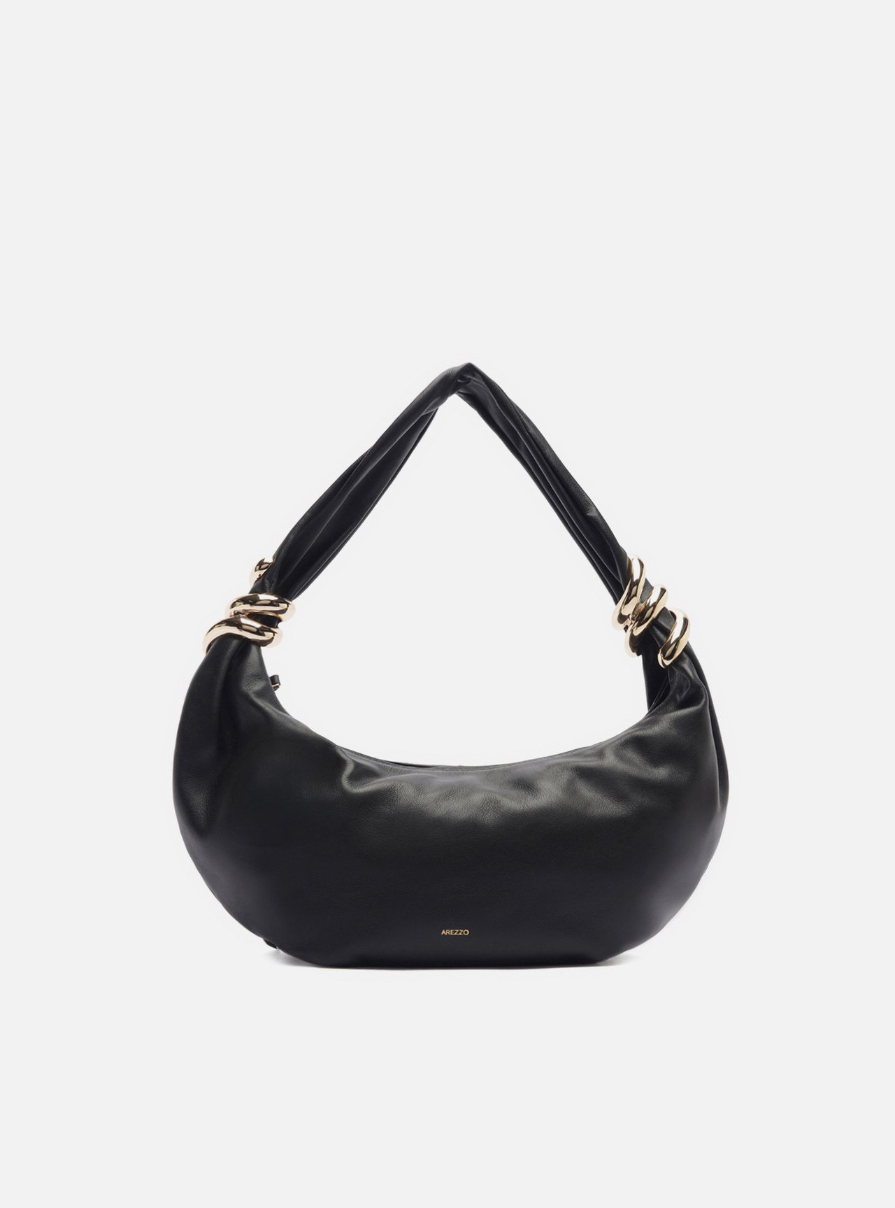 Bolsa Hobo Preta Couro Média Argolas Douradas — foto 1