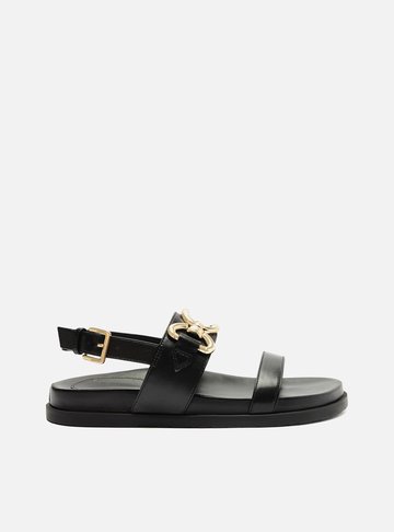 Sandália Rasteira Preta Couro Flatform Metal