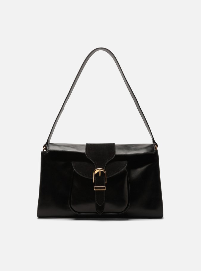 Bolsa Shoulder Preta Média Bolso Camurça