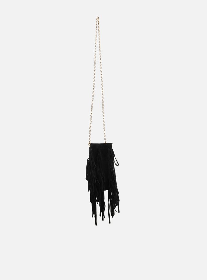 Mini Bag Preta Suede Franjas Porta-Celular