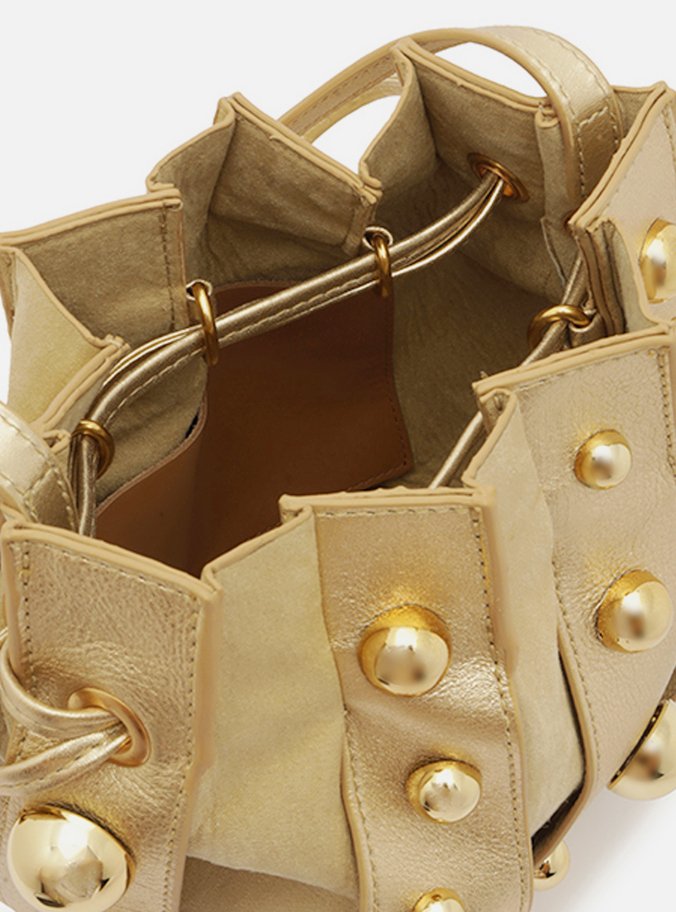 Bolsa Bucket Dourada Couro Pequena Esferas