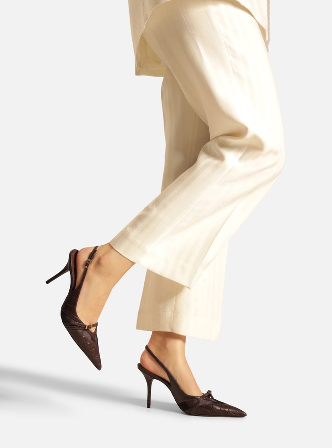 Scarpin Marrom Croco Salto Alto Slingback Tela