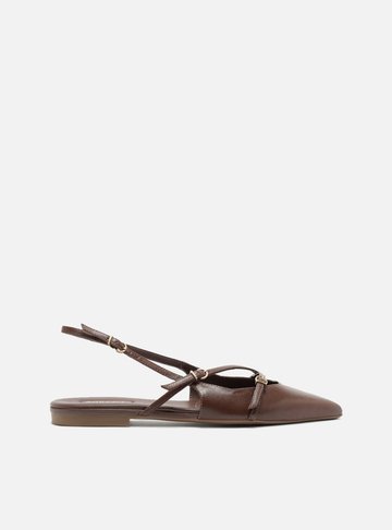 Sapatilha Marrom Couro Bico Fino Slingback Fivelas