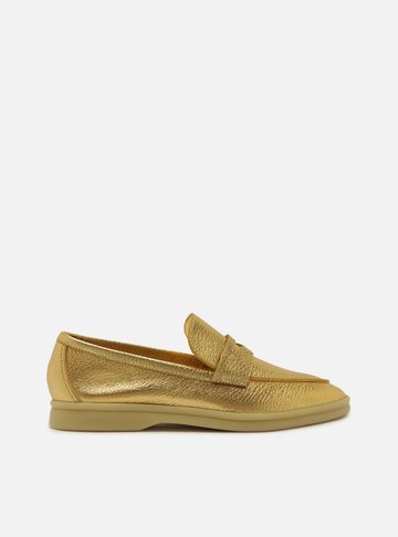 Mocassim Dourado Couro Bico Redondo Tira