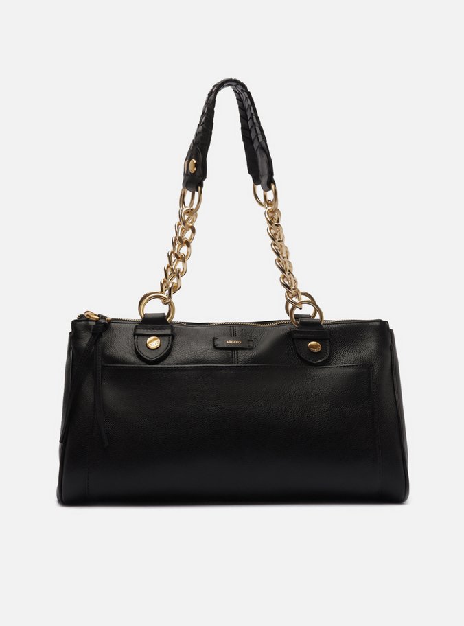 Bolsa Tote Preta Couro Grande Alças Bolso