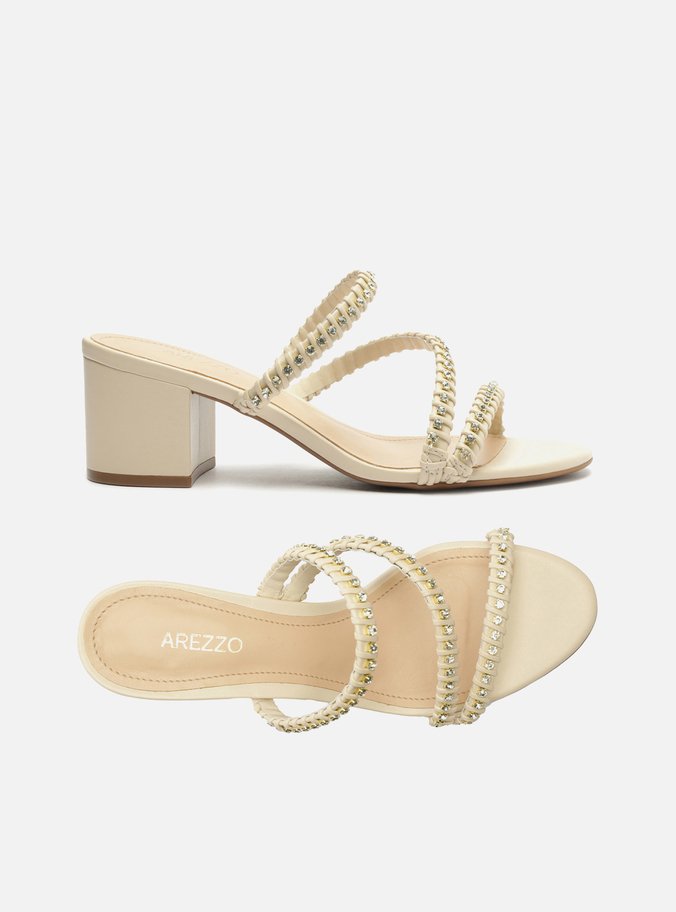 Sandália Off-White Salto Bloco Tiras Pedrarias