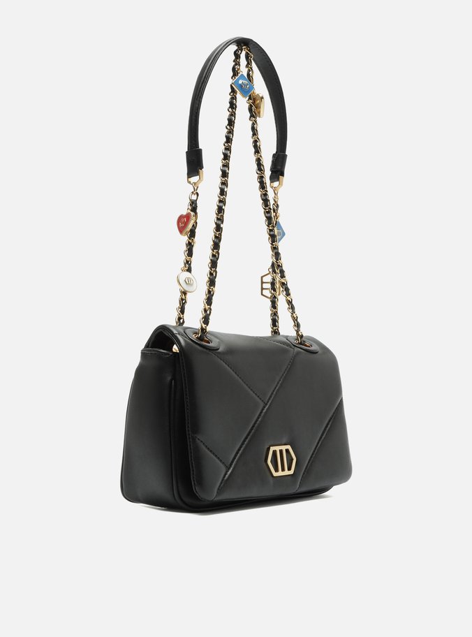 Bolsa Tiracolo Preta Couro Pequena Pingentes