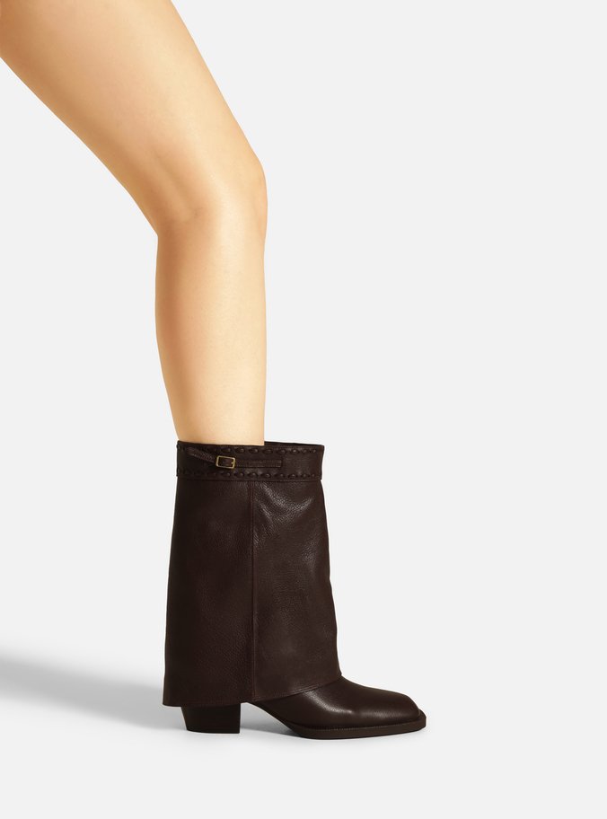 Bota Marrom Couro Cano Curto Polaina Folk