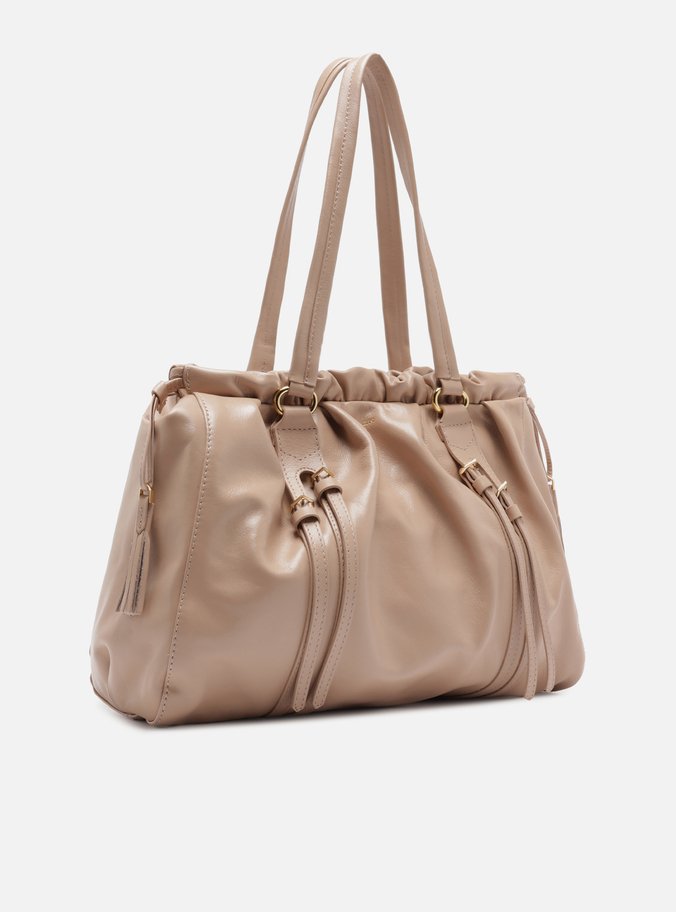 Bolsa Shopping Bege Couro Grande Fivelas