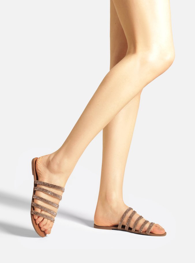 Rasteira Bege Flat Tiras Strass Gold
