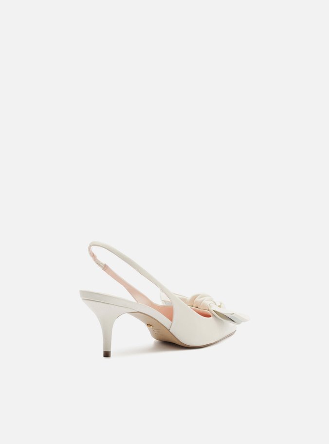 Scarpin Branco Couro Slingback Laço Pérolas