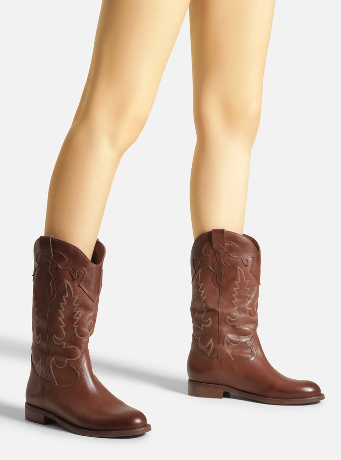 Bota Marrom Pecan Couro Cano Longo Bordado Western