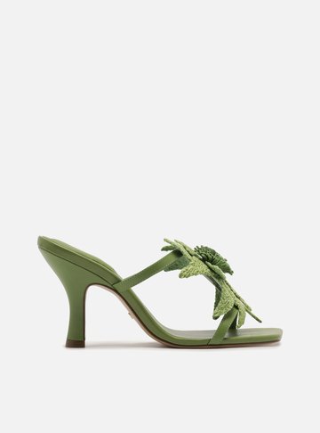 Sandália Verde Couro Salto Fino Flor