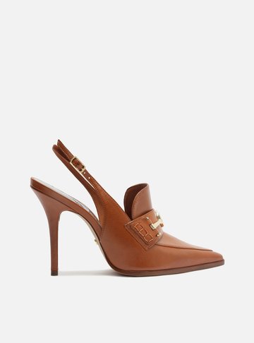 Scarpin Marrom Couro Slingback Medalha