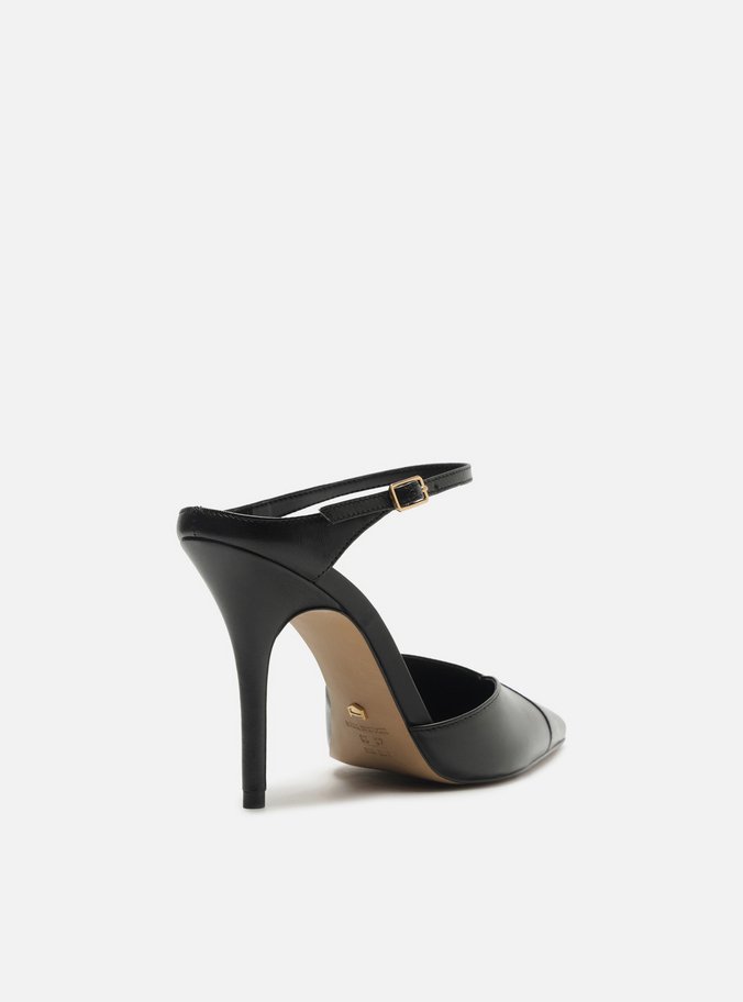 Mule Preta Couro Salto Alto Tira Instep