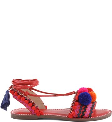 Rasteira Lace-up Pompom Flame